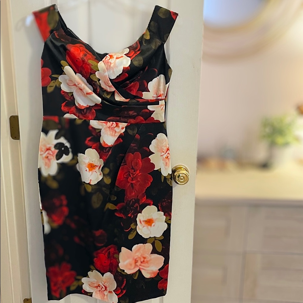 Floral Midi Dress with Red & White Blooms